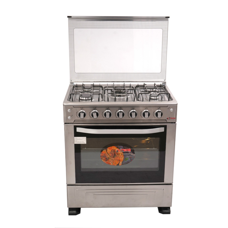 cuisinière Astech 5feux 80x60 a gaz avec four a gaz full option Inox 80mis