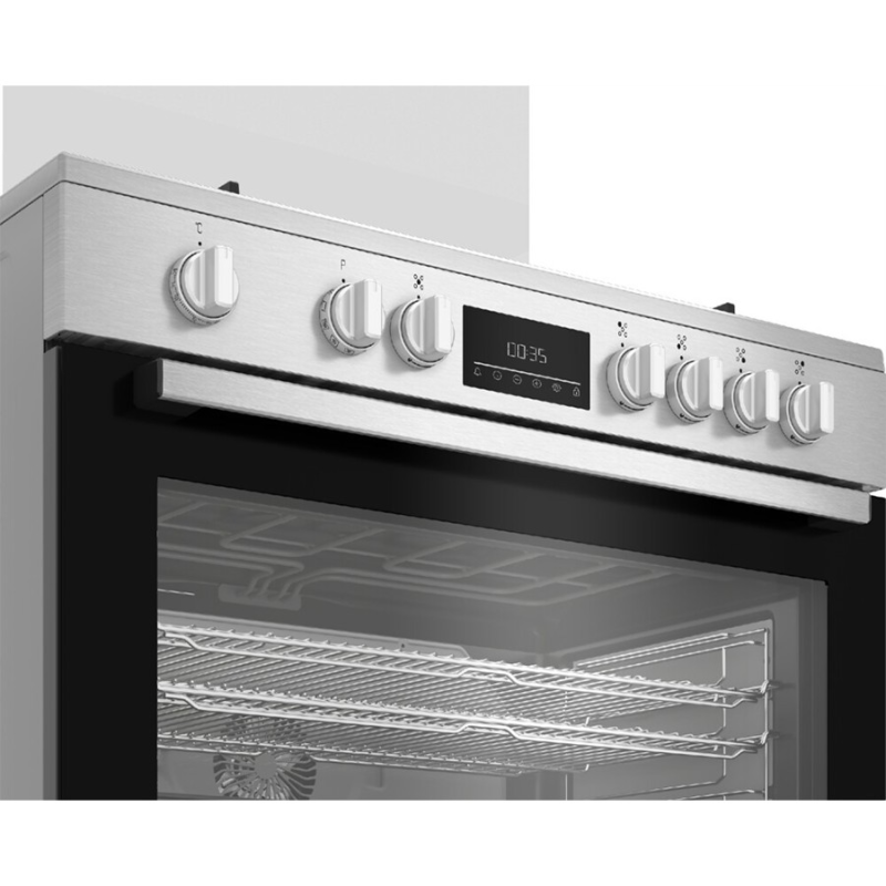 cuisinière Beko 5feux 90x60 a gaz full option ventilo + four electrique Inox bgm11226ex